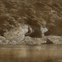 Tony Windberg, Adrift IV (Torndirrup), 2024, earth pigments, oil, charcoal, gesso, acrylic binders on board, 40.5 x 51cm