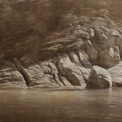 Tony Windberg, Adrift II (Torndirrup), 2024, earth pigments, charcoal, gesso, acrylic binders and oil on board, 40.5 x 51cm