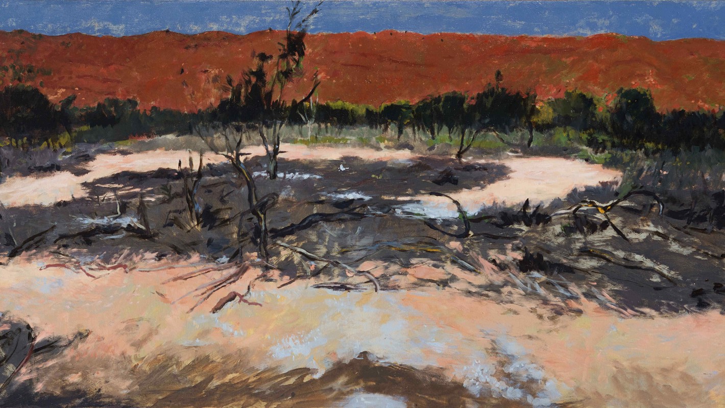 Kevin Robertson, Ash Feld and Crater Wall, 2016, Wolfe Creek, acrylic and oil on canvas, 121 x 302 cm