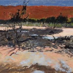 Kevin Robertson, Ash Field and Crater Wall, Wolfe Creek, 2016, acrylic and oil on canvas, 121 x 302cm