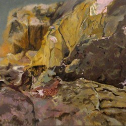 Kevin Robertson, Yellow Opal Glacier, 2018, oil on canvas, 120 x 330.5cm. University of Western Australia Collection