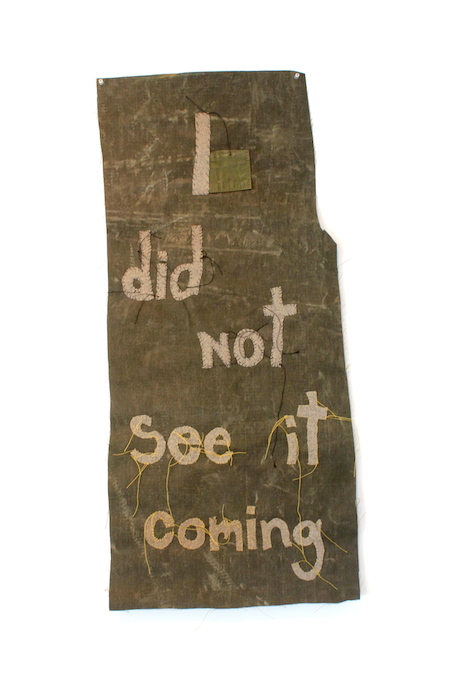 Olga Cironis, I Did Not See it Coming, 2016, military tent canvas, military blanket and thread, 106 x 47cm