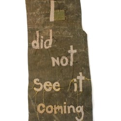 Olga Cironis, I Did Not See it Coming, 2016, military tent canvas, military blanket and thread, 106 x 47cm