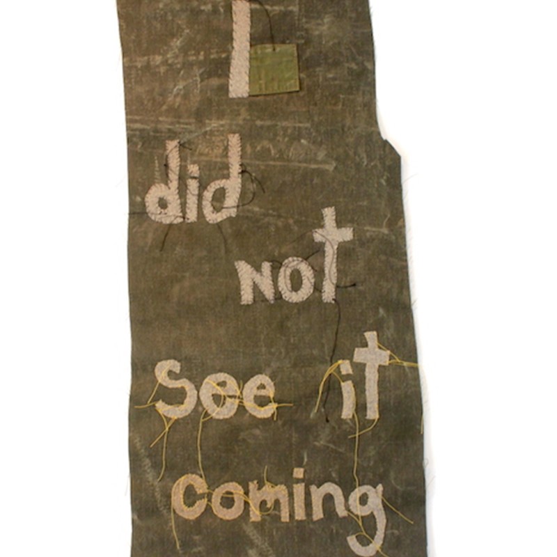 Olga Cironis, I Did Not See it Coming, 2016, military tent canvas, military blanket and thread, 106 x 47cm