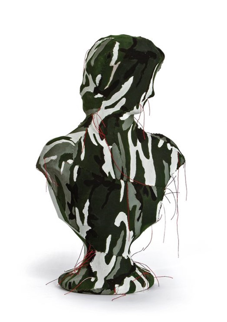 Olga Cironis, Look Back and Find Her Weeping, 2016, ceramic figurine, military fabric, and thread, 52.3 x 74cm