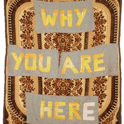 Olga Cironis, Why You Are Here, 2018, woollen blanket, red thread and recycled domestic cloth