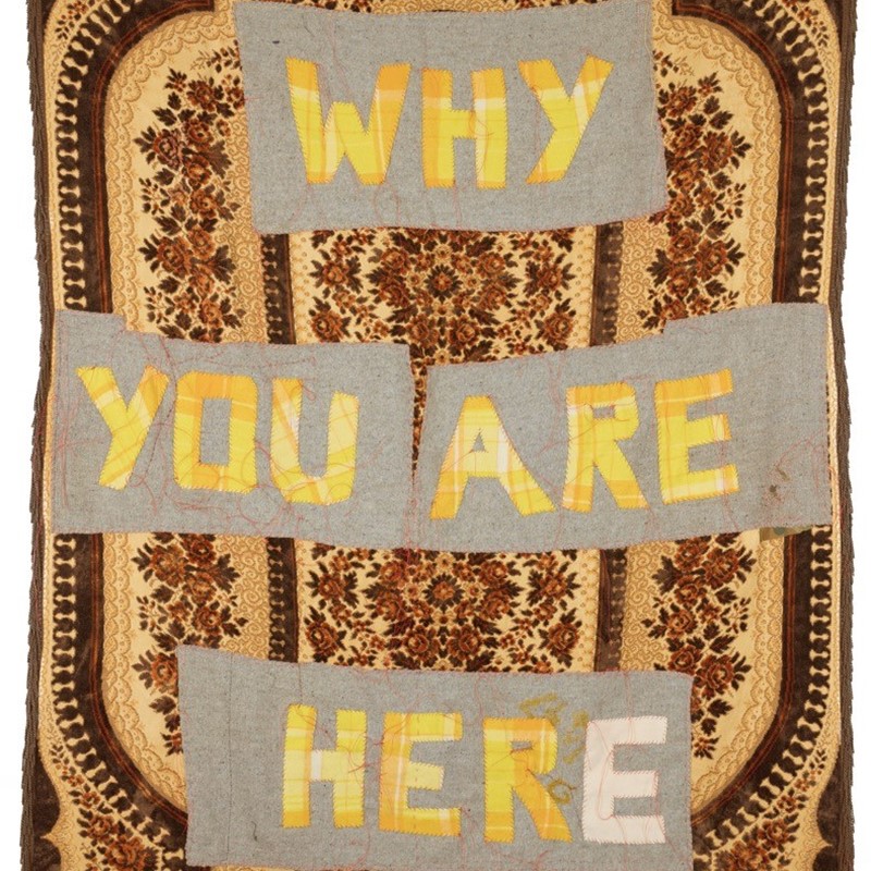 Olga Cironis, Why You Are Here, 2018, woollen blanket, red thread and recycled domestic cloth