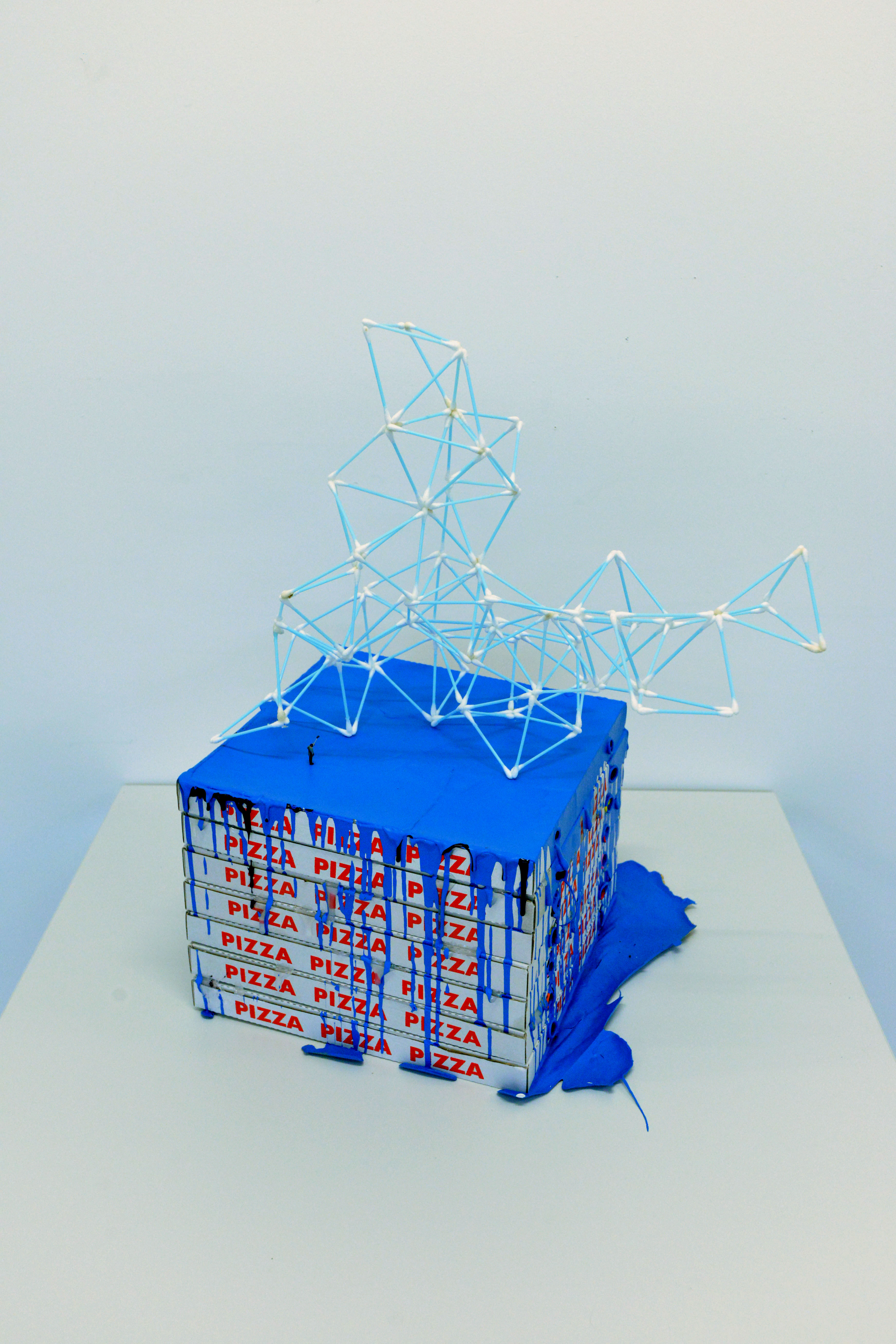 Paul Caporn, Incident with Leftovers, 2015, paint, pizza boxes, ear buds, 40 x 40 x 60cm