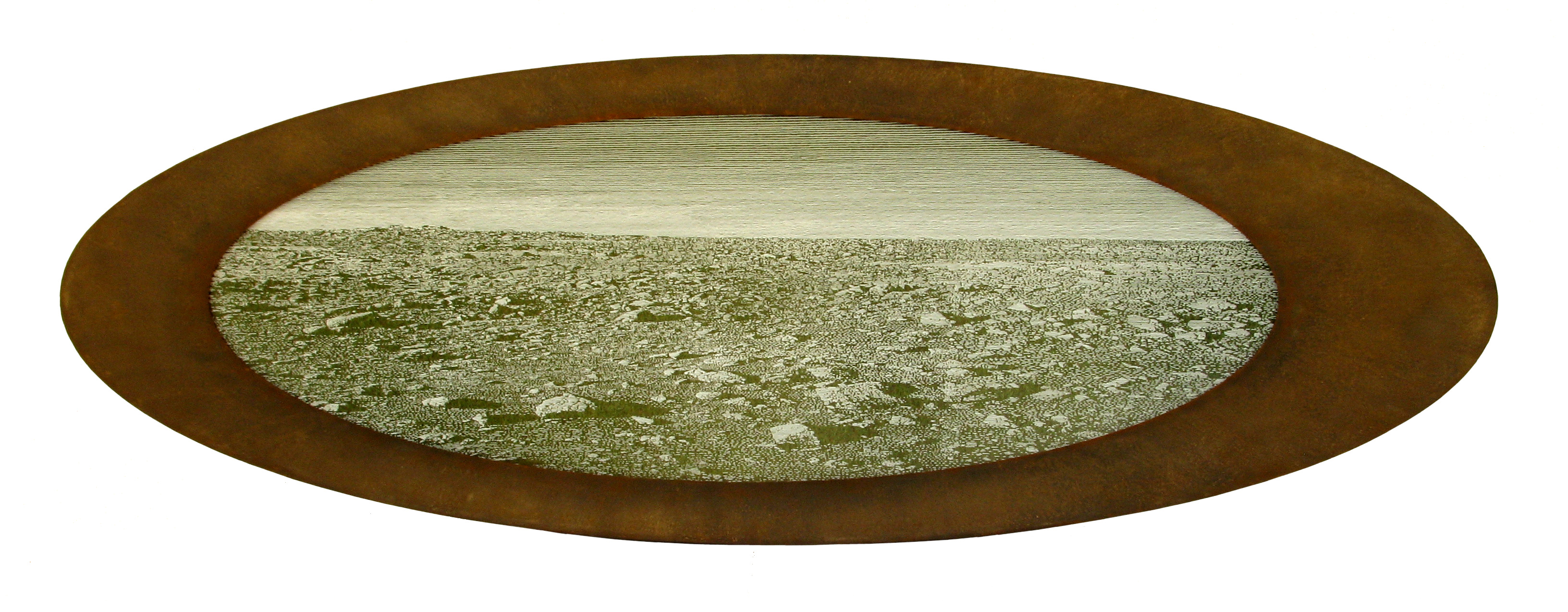 Tony Windberg, Home Turf 4, 2018, ink under glass, synthetic turf, calcium carbonate and iron oxide on wood, 59 x 172 x 4cm