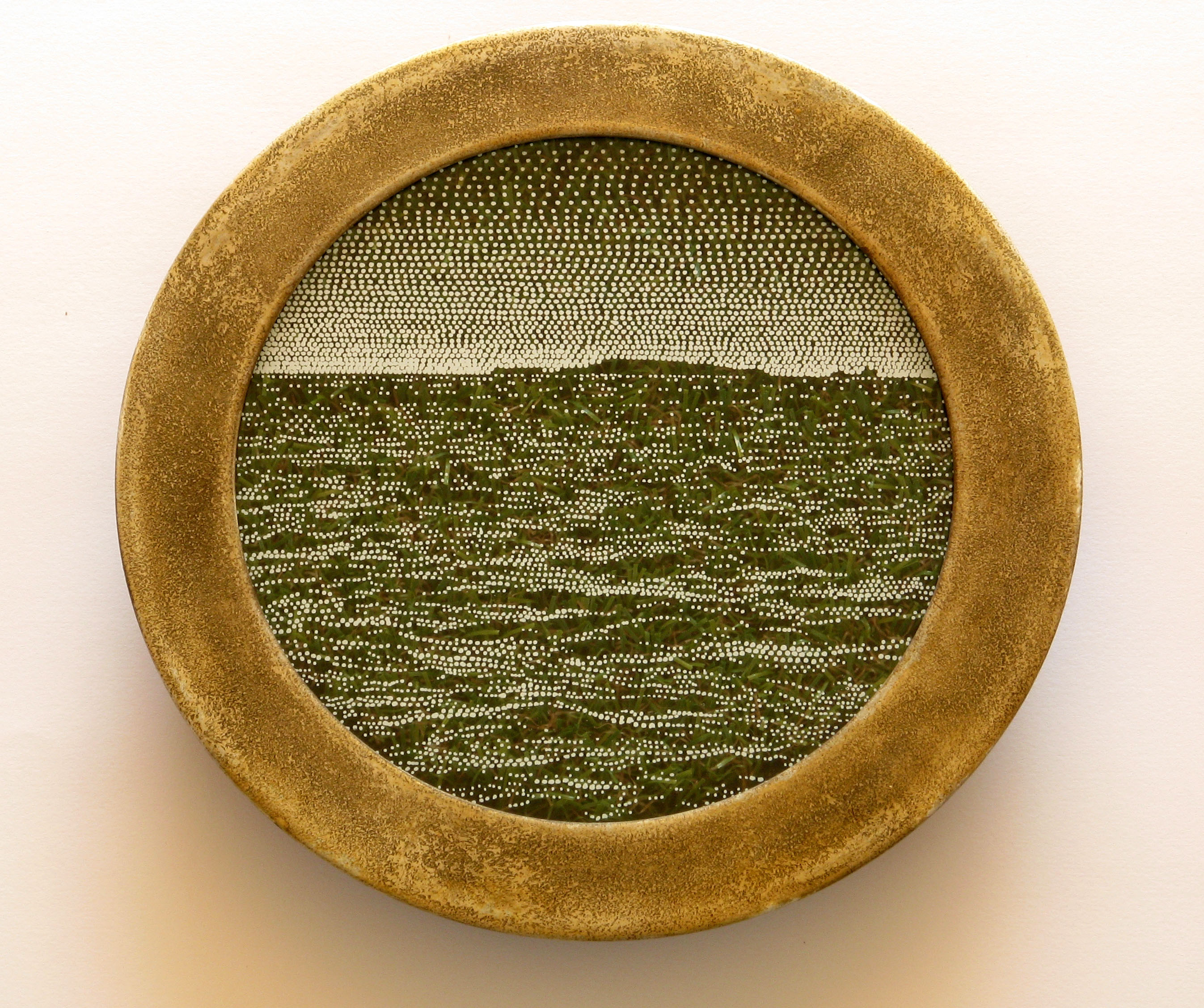 Tony Windberg, Home Turf 1, 2018, ink under glass, synthetic turf, diatomite and iron oxide on wood, 21 x 22 x 3cm