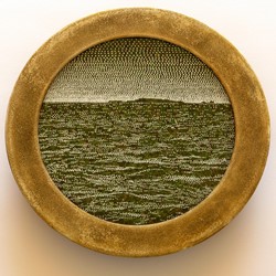 Tony Windberg, Home Turf 1, 2018, ink under glass, synthetic turf, diatomite and iron oxide on wood, 21 x 22 x 3cm