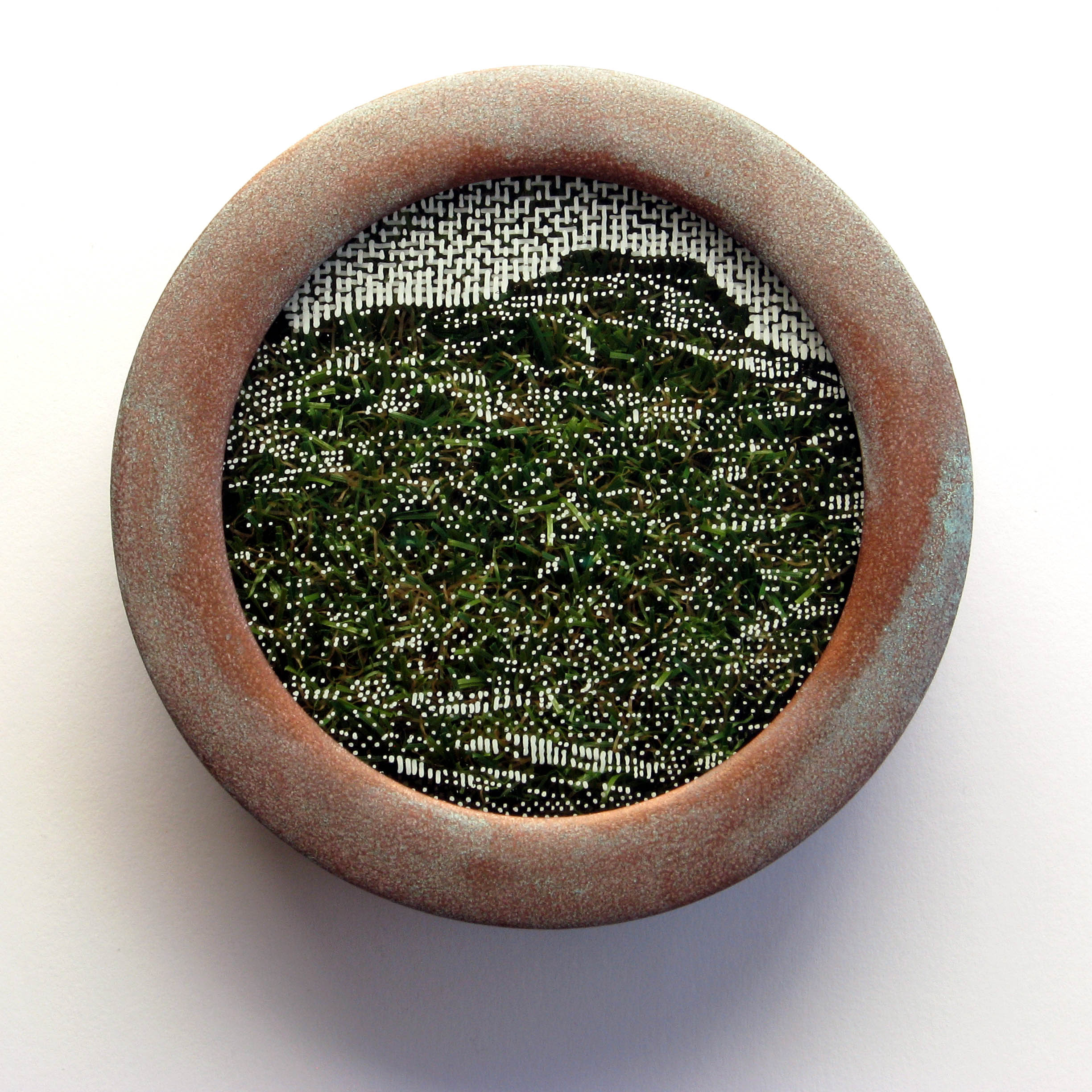 Tony Windberg, Curiosity, 2018, ink under glass, synthetic turf, copper paint on wood, 14 x 14 x 4cm.jpg