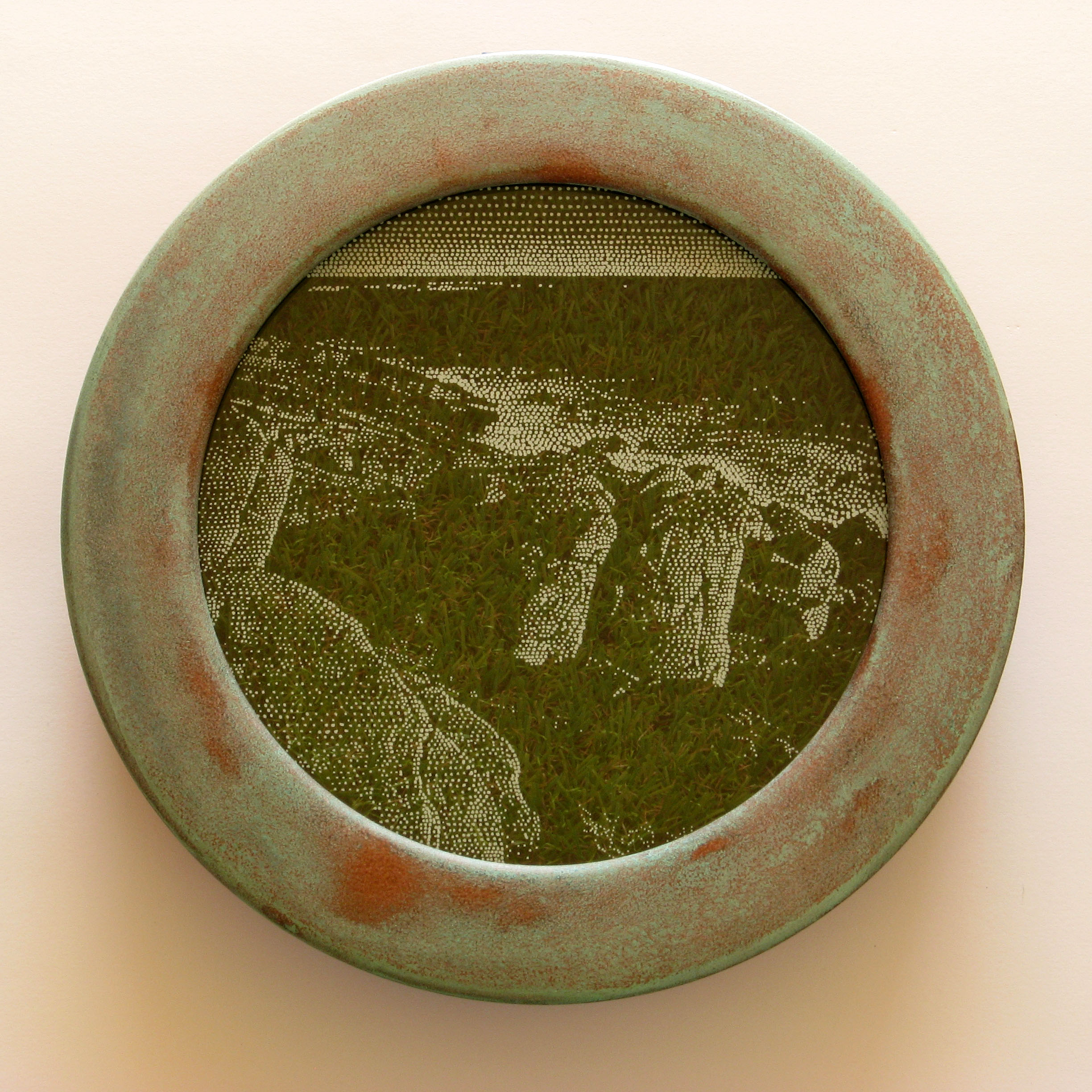 Tony Windberg, Investigator 2, 2018, ink under glass, synthetic turf, copper paint on wood, 28 x 28 x 6cm.jpg