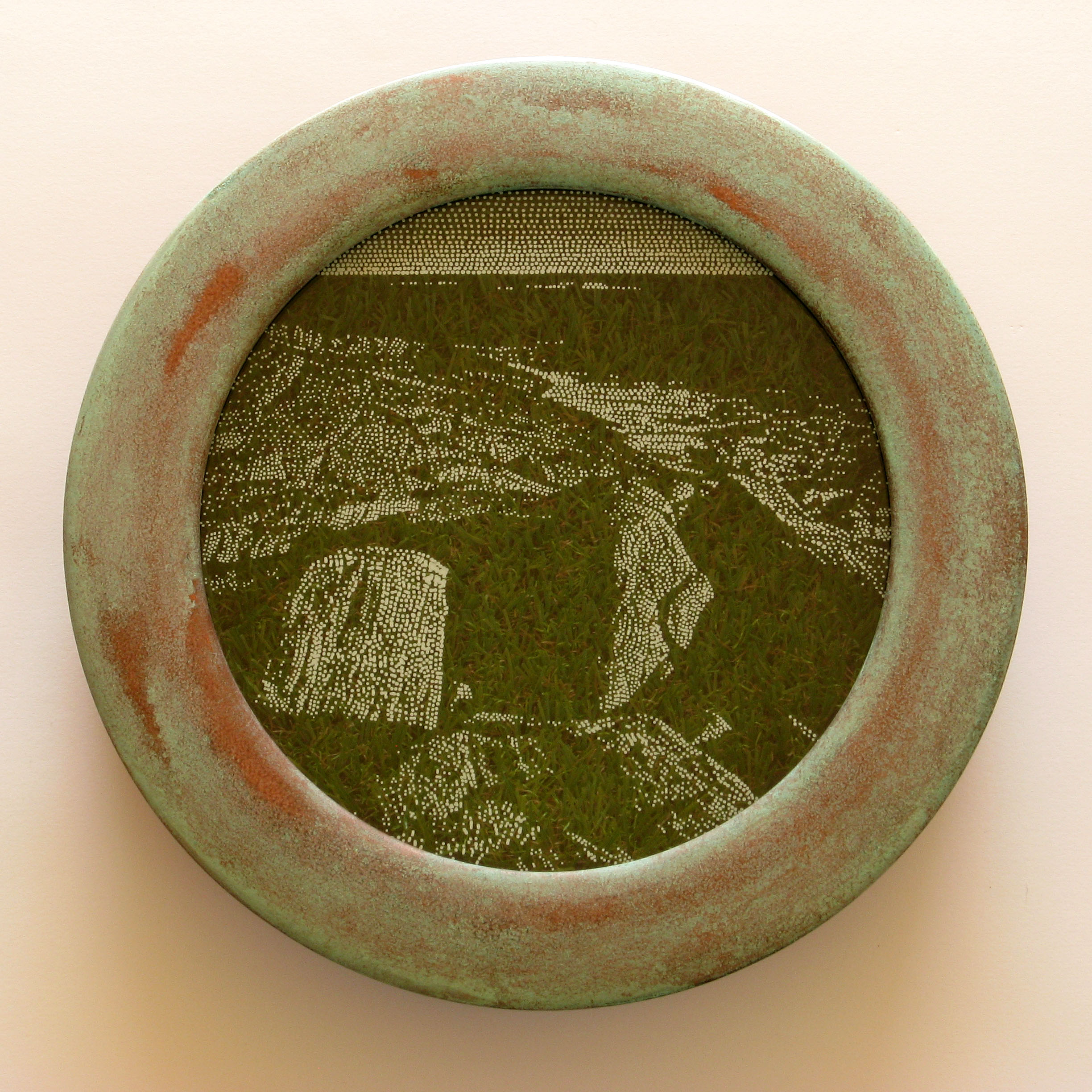 Tony Windberg, Investigator 3, 2018, ink under glass, synthetic turf, copper paint on wood, 28 x 28 x 6cm.jpg