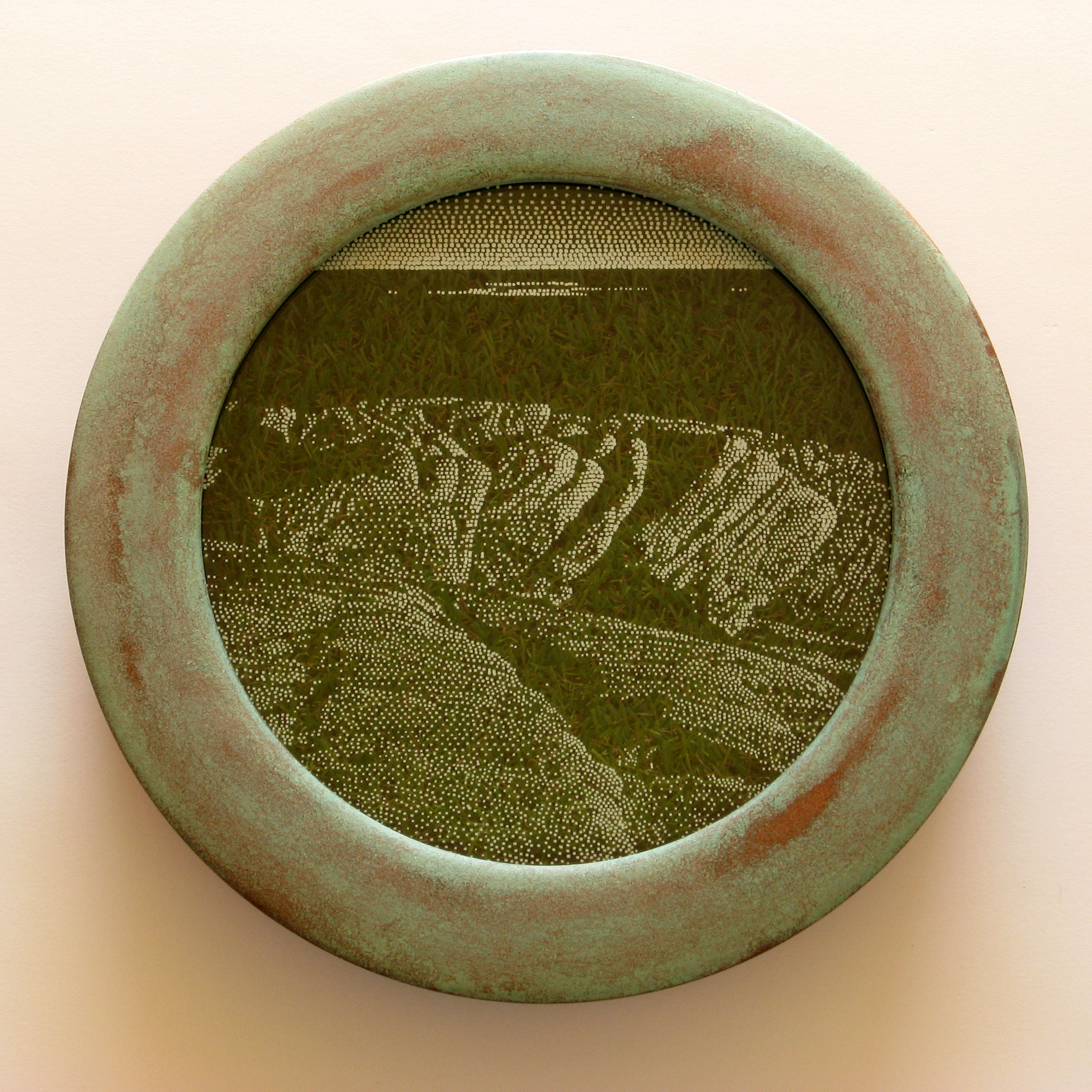 Tony Windberg, Investigator 4, 2018, ink under glass, synthetic turf, copper paint on wood, 28 x 28 x 6cm.jpg