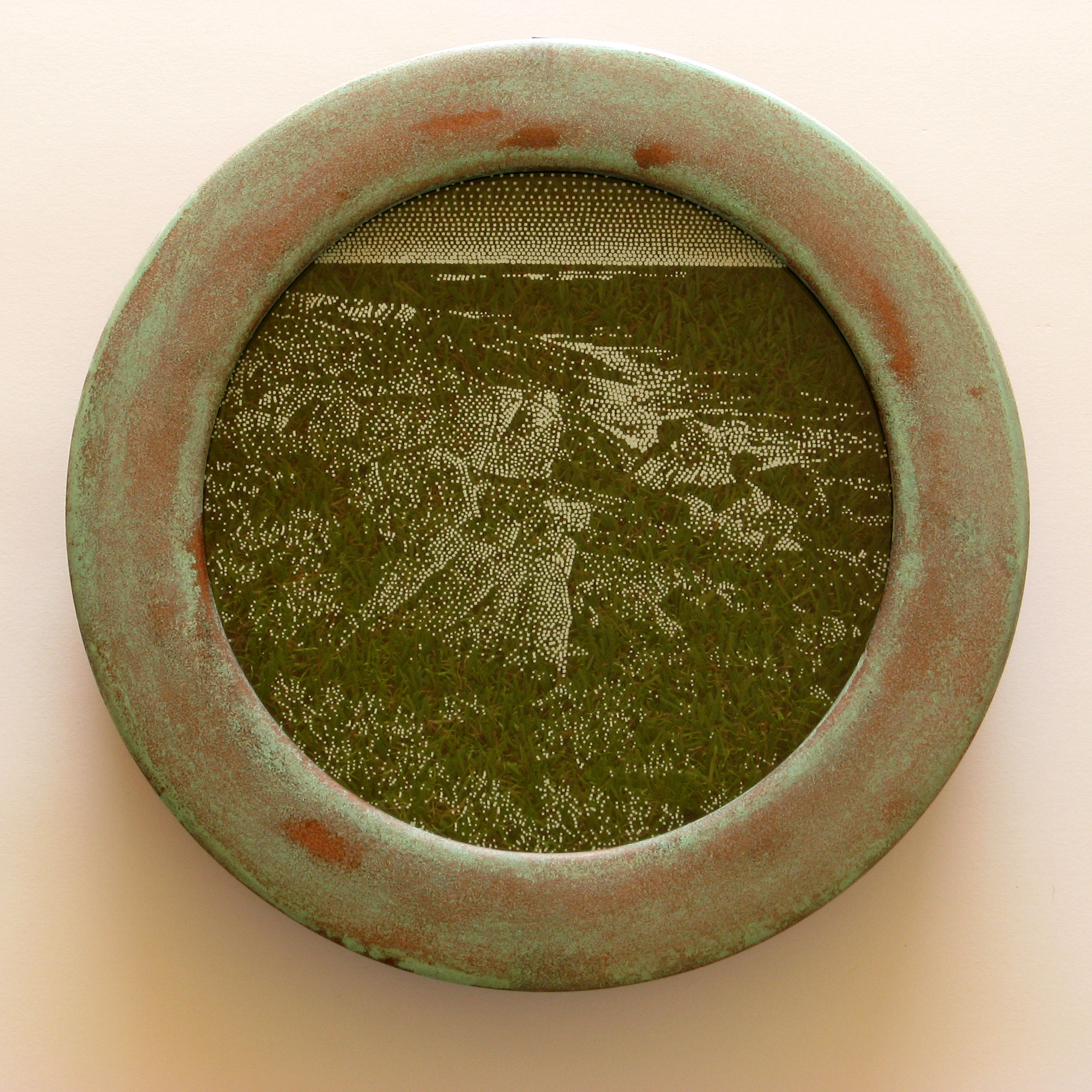Tony Windberg, Investigator 5, 2018, ink under glass, synthetic turf, copper paint on wood, 28 x 28 x 6cm.jpg