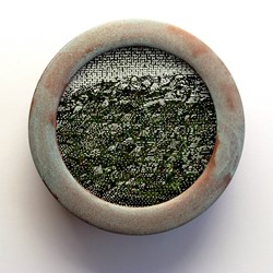 Tony Windberg, Opportunity, 2018, ink under glass, synthetic turf, copper paint on wood, 14 x 14 x 4cm.jpg