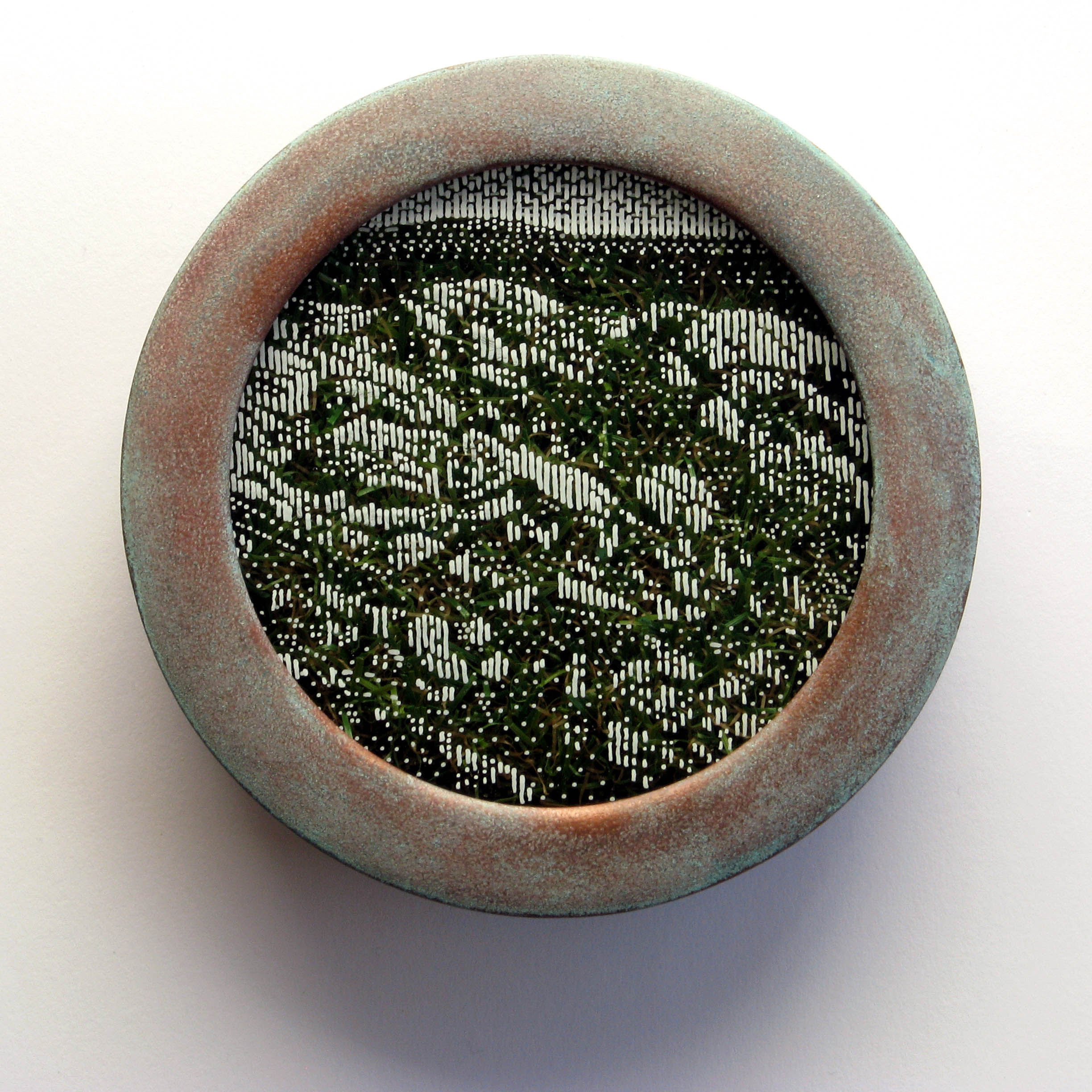 Tony Windberg, Spirit, 2018, ink under glass, synthetic turf, copper paint on wood, 14 x 14 x 4cm.jpg