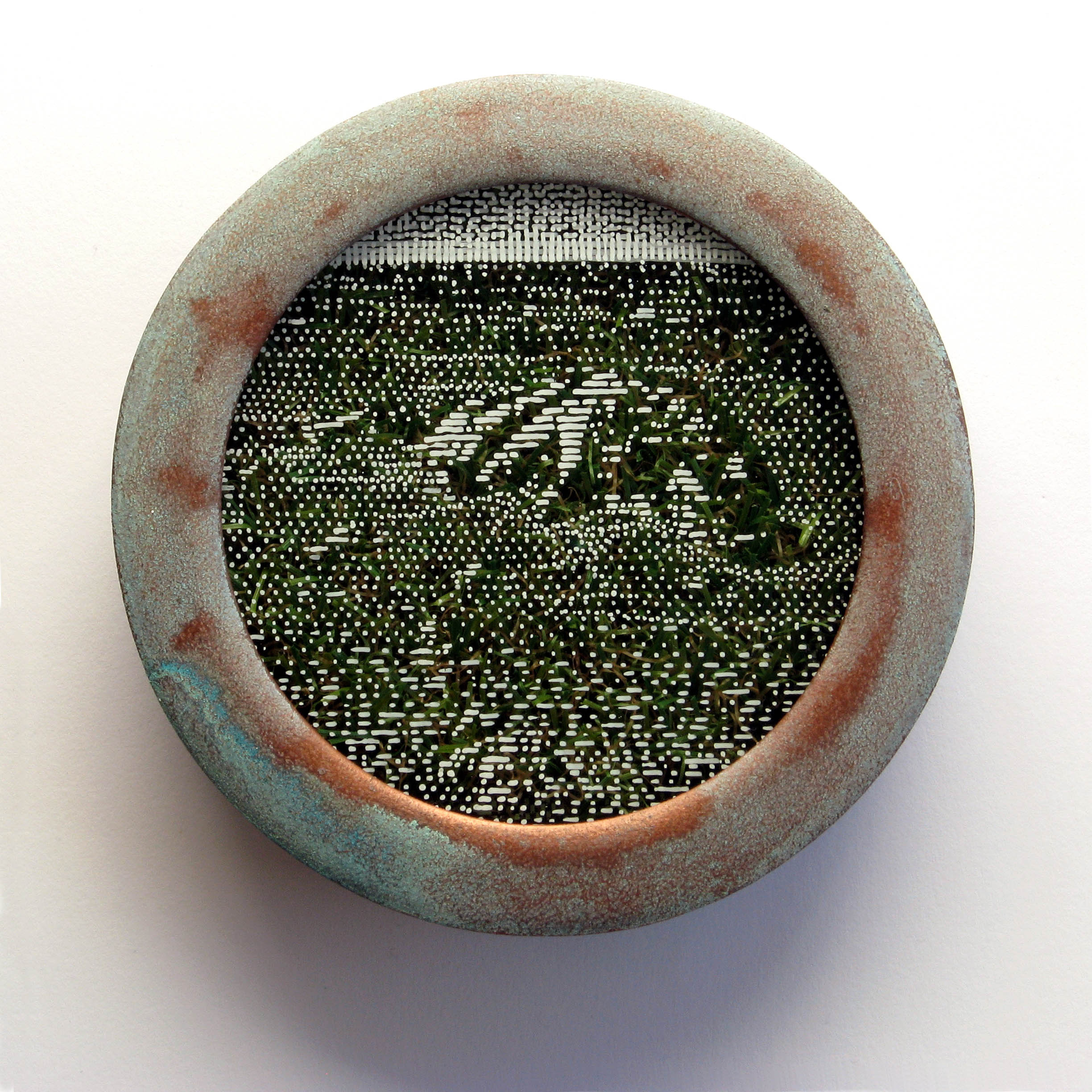 Tony Windberg, Viking 1, 2018, ink under glass, synthetic turf, copper paint on wood, 14 x 14 x 4cm.jpg