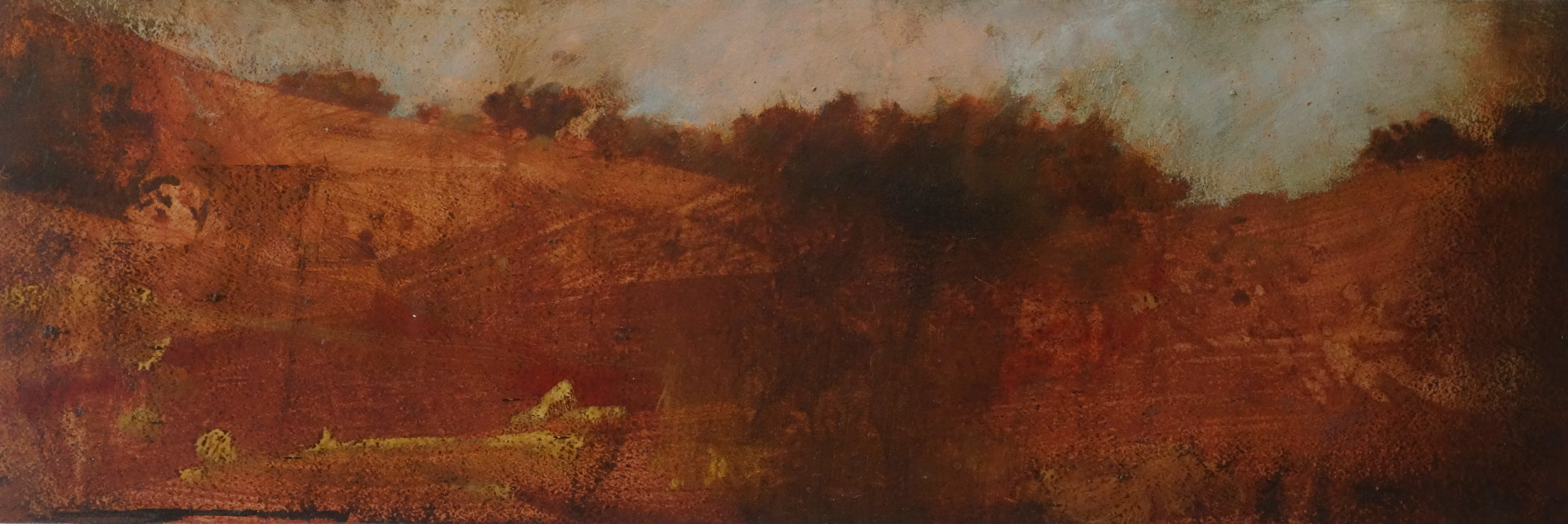 Merrick Belyea, The Copse #2, 2017, oil on board, 30 x 90cm. The University of Western Australia Art Collection.