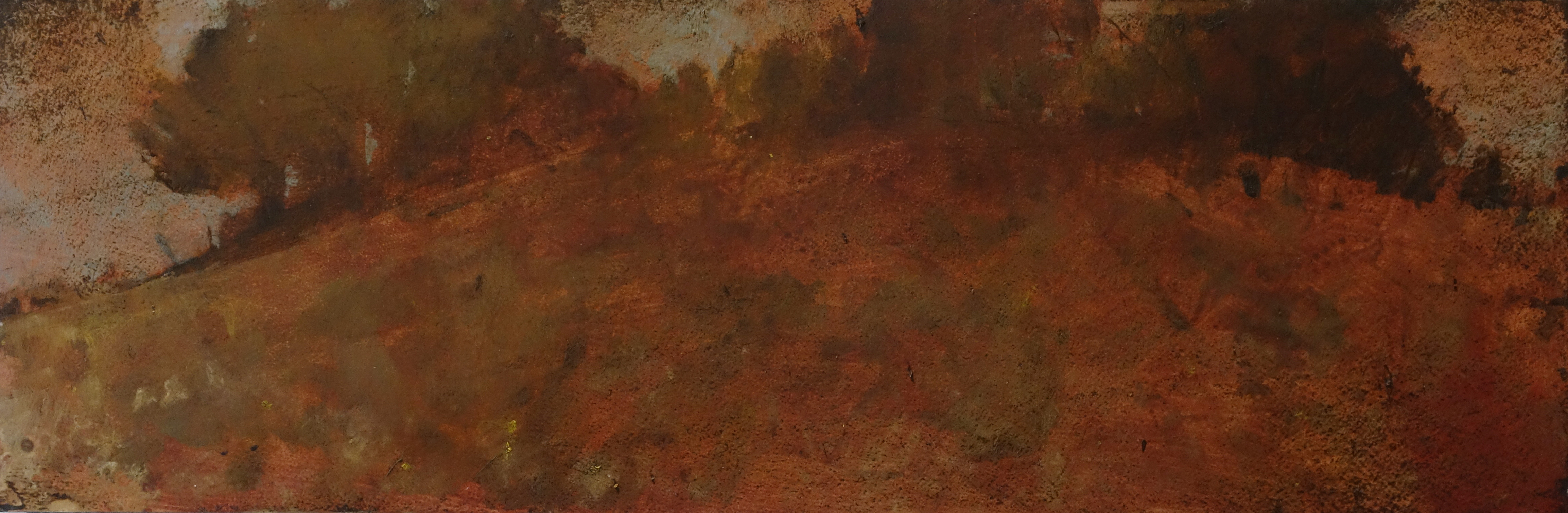 Merrick Belyea, The Copse #3, 2017, oil on board, 30 x 90cm. The University of Western Australia Art Collection.