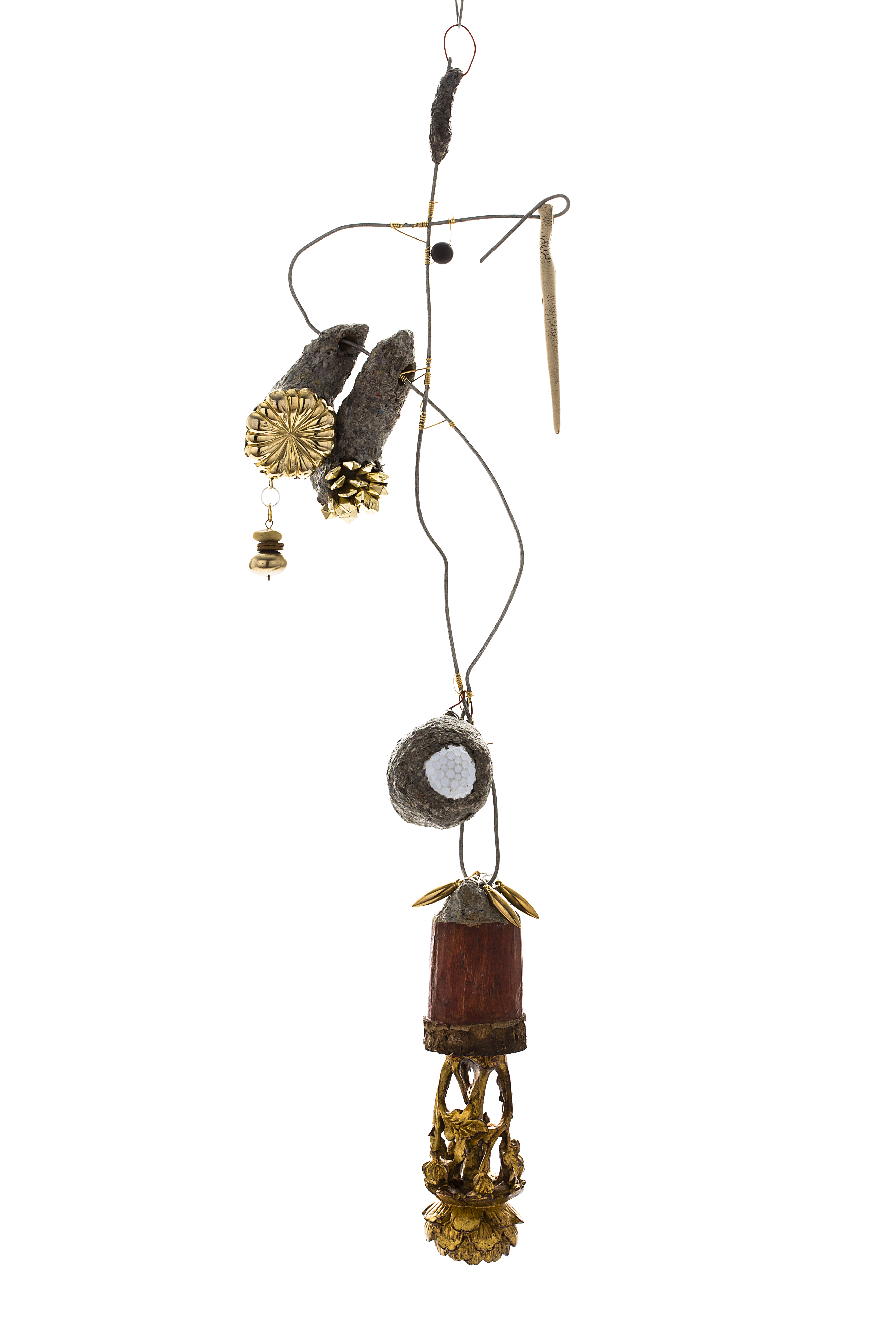 Susan Flavell, Witches Ladder with Golf Ball, papier mache, gifted wooden object, fencing wire from Beelier wetlands, ceramics, gifted earrings, found golf ball, found beads, glue, wire. 57 x 17 x 8cm.jpg
