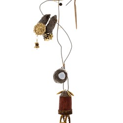Susan Flavell, Witches Ladder with Golf Ball, papier mache, gifted wooden object, fencing wire from Beelier wetlands, ceramics, gifted earrings, found golf ball, found beads, glue, wire. 57 x 17 x 8cm.jpg