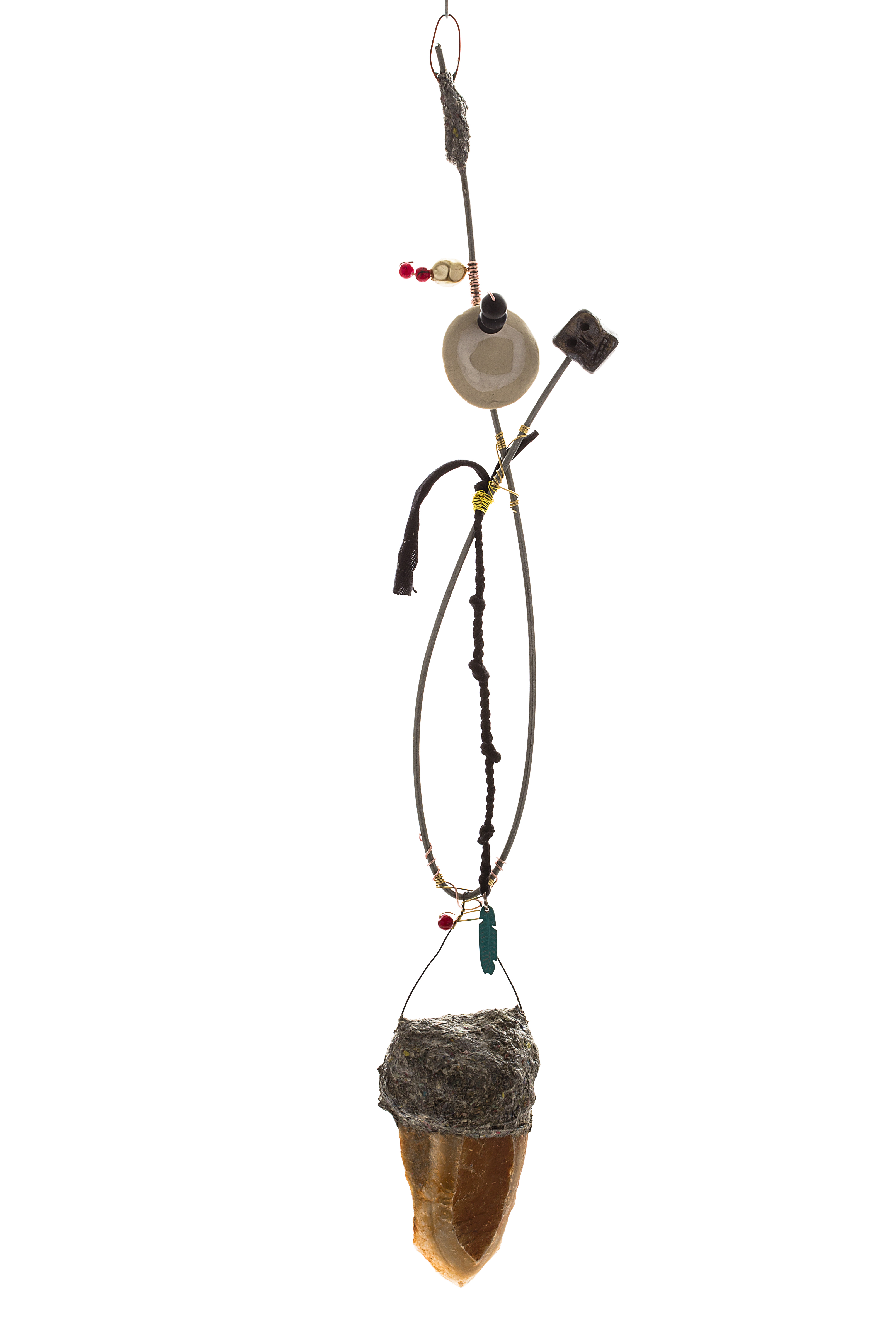 Susan Flavell, Witches Ladder with Skull, gifted stone from the Kimberley, papier mache, fencing wire from Beeliar wetlands, ceramics, found cloth, found beads, wood carving, glue, wire, 50 x 10 x 8cm.jpg