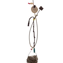Susan Flavell, Witches Ladder with Skull, gifted stone from the Kimberley, papier mache, fencing wire from Beeliar wetlands, ceramics, found cloth, found beads, wood carving, glue, wire, 50 x 10 x 8cm.jpg
