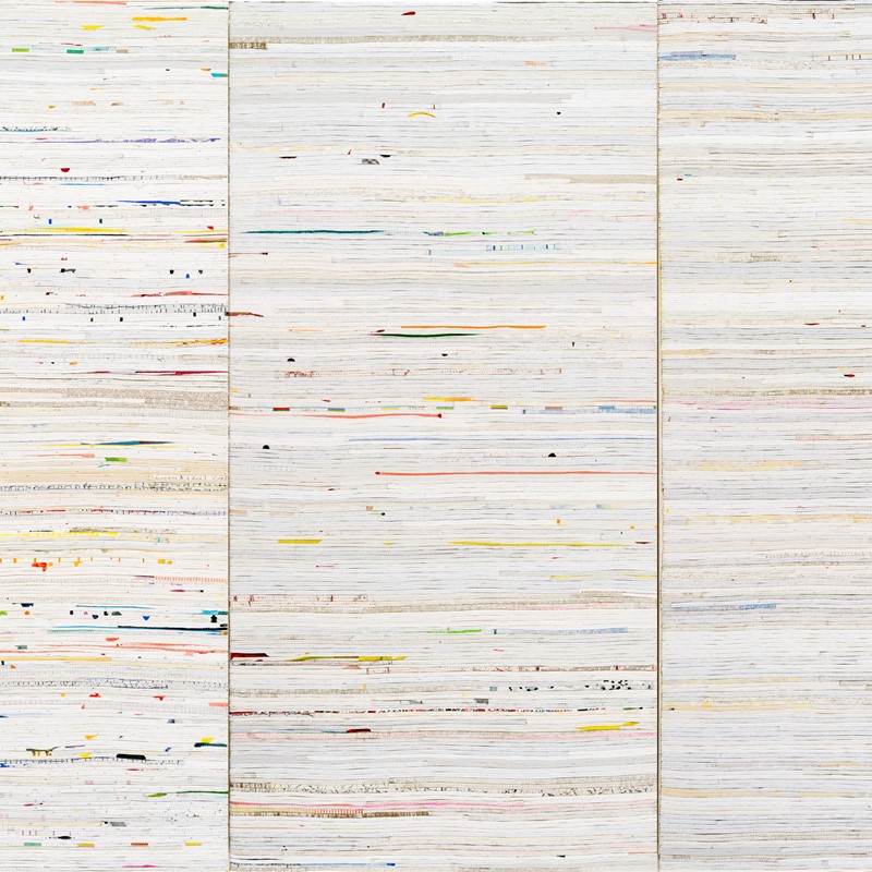Eveline Kotai, Trace Elements, 2016, acrylic, nylon thread, linen, 120 x 60cm each, 5 panels