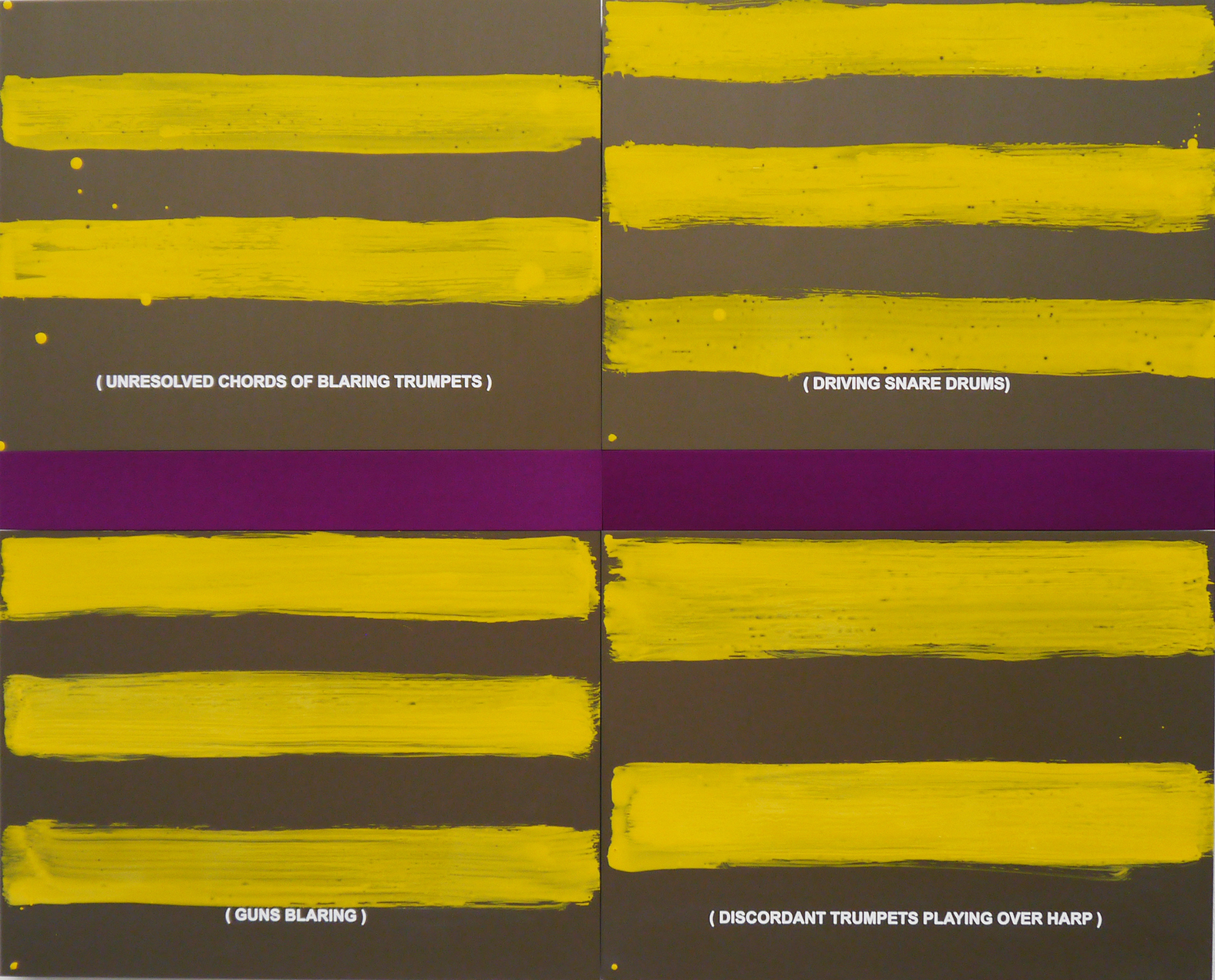 Jurek Wybraniec, Guns Blaring, 2015-17, laser etched anodized aluminium, paint filled text, synthetic polymer and urethane paint, 65 x 81 x 1.5cm