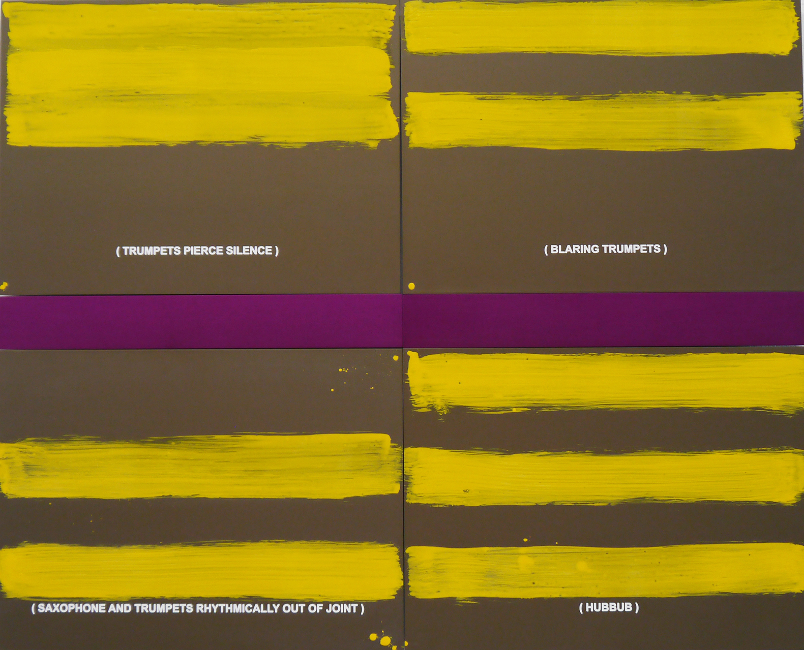 Jurek Wybraniec, Hubbub, 2015-17, laser etched anodized aluminium, paint filled text, synthetic polymer and urethane paint, 65 x 81 x 1.5cm