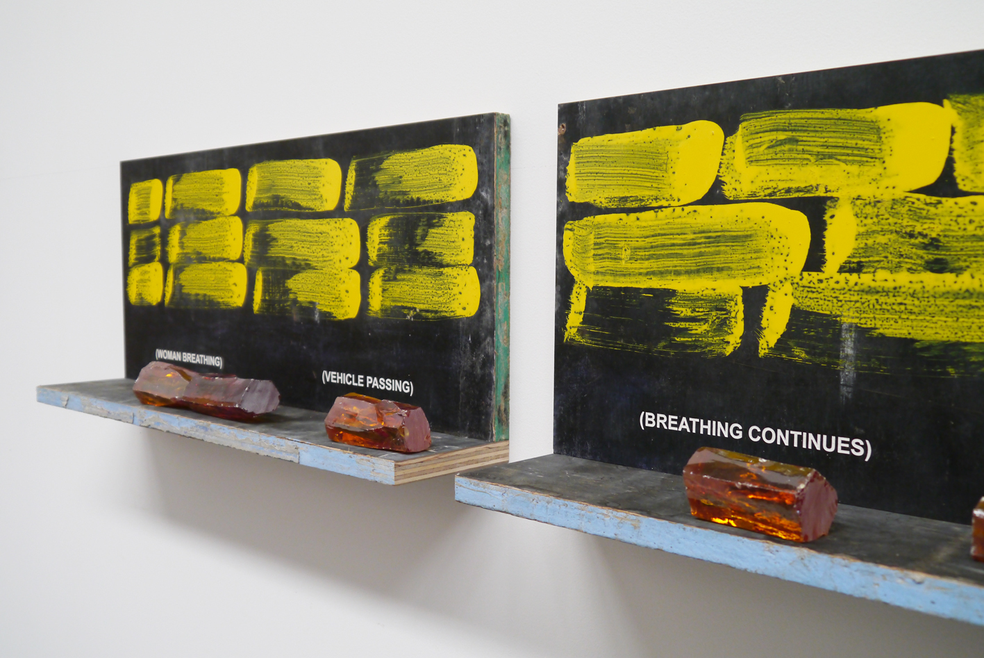 Jurek Wybraniec, Yellow 7, 2017, laser etched form ply, paint filled text, synthetic polymer and urethane paint, cubic zirconia, 57 x 262cm (detail)