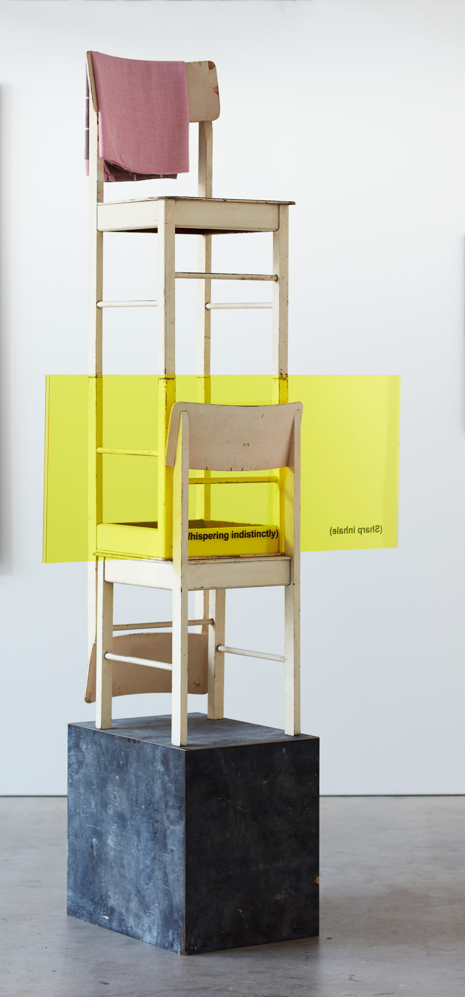 Jurek Wybraniec, Yellow 9, 2017, form ply wooden chair, routed acrylic, polymer paint filled text, urethane paint, table cloth, 220 x 104 x 55cm