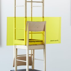 Jurek Wybraniec, Yellow 9, 2017, form ply wooden chair, routed acrylic, polymer paint filled text, urethane paint, table cloth, 220 x 104 x 55cm