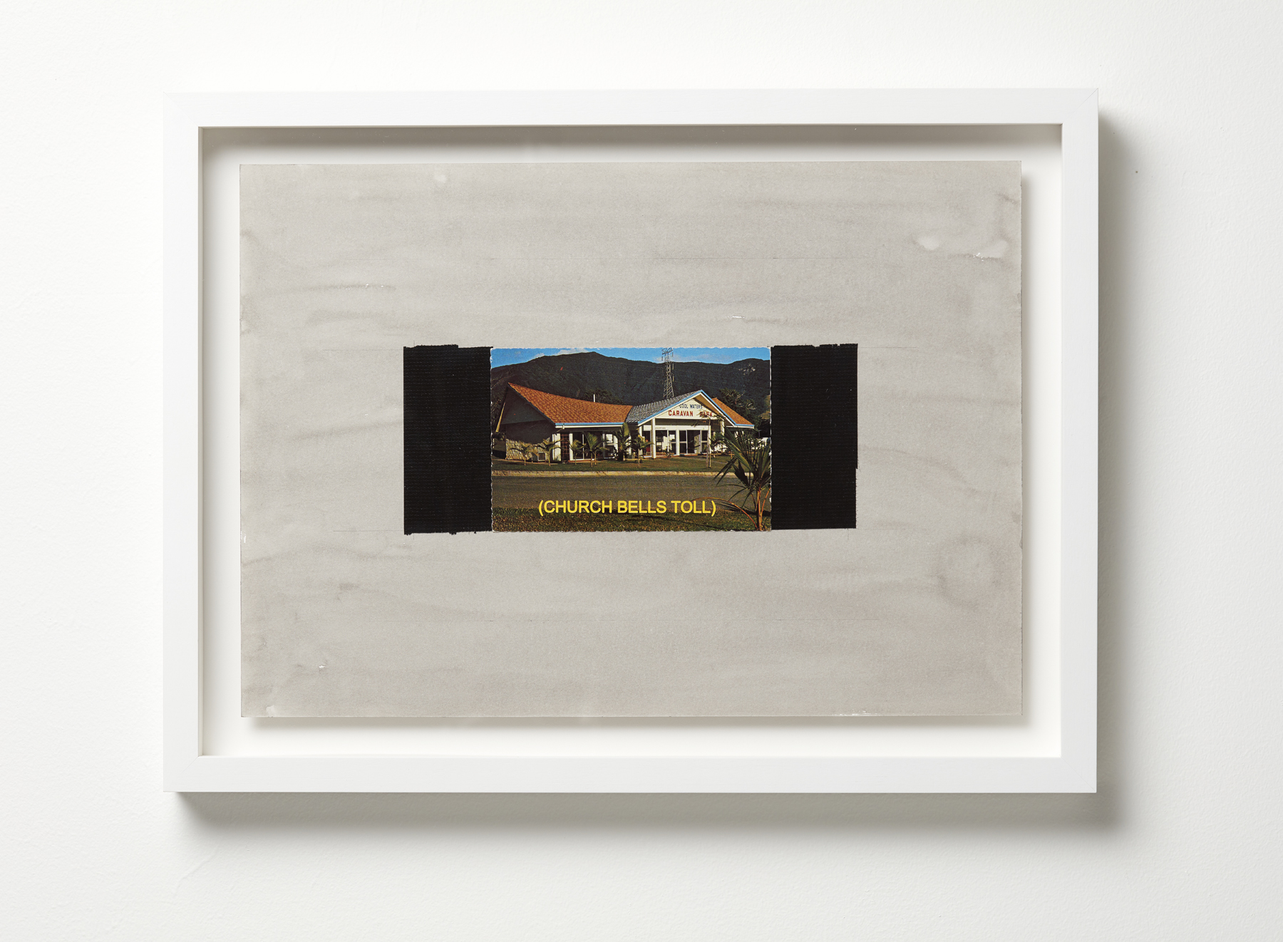 Jurek Wybraniec, Establishing Shot #14, 2017, laser etched, paint filled text on acrylic, postcard, cloth tape, ink on 300gsm water colour paper, 38 x 50cm