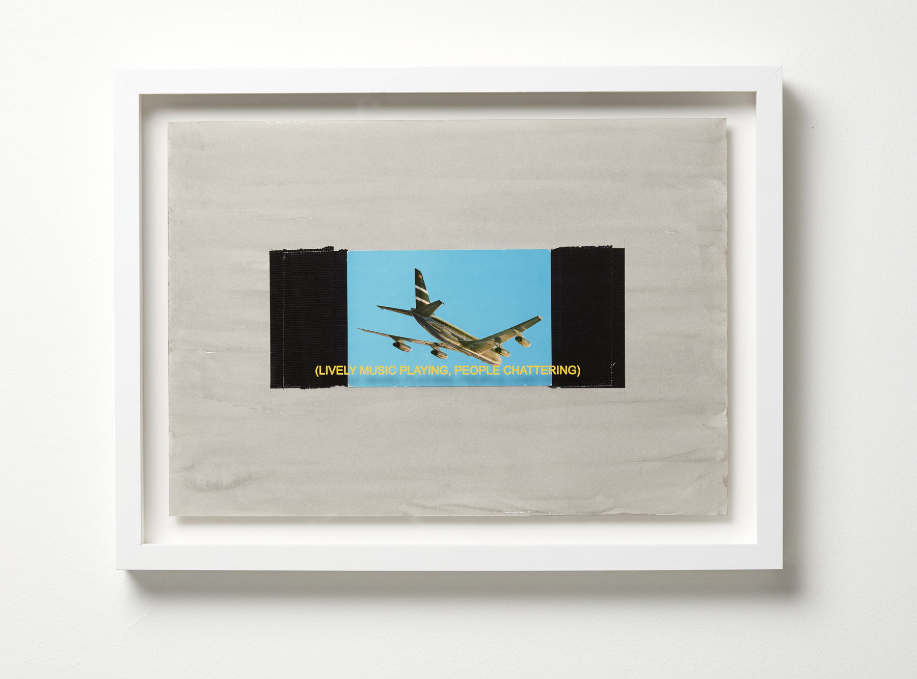 Jurek Wybraniec, Establishing Shot #13, 2017, laser etched, paint filled text on acrylic, postcard, cloth tape, ink on 300gsm water colour paper, 38 x 50cm