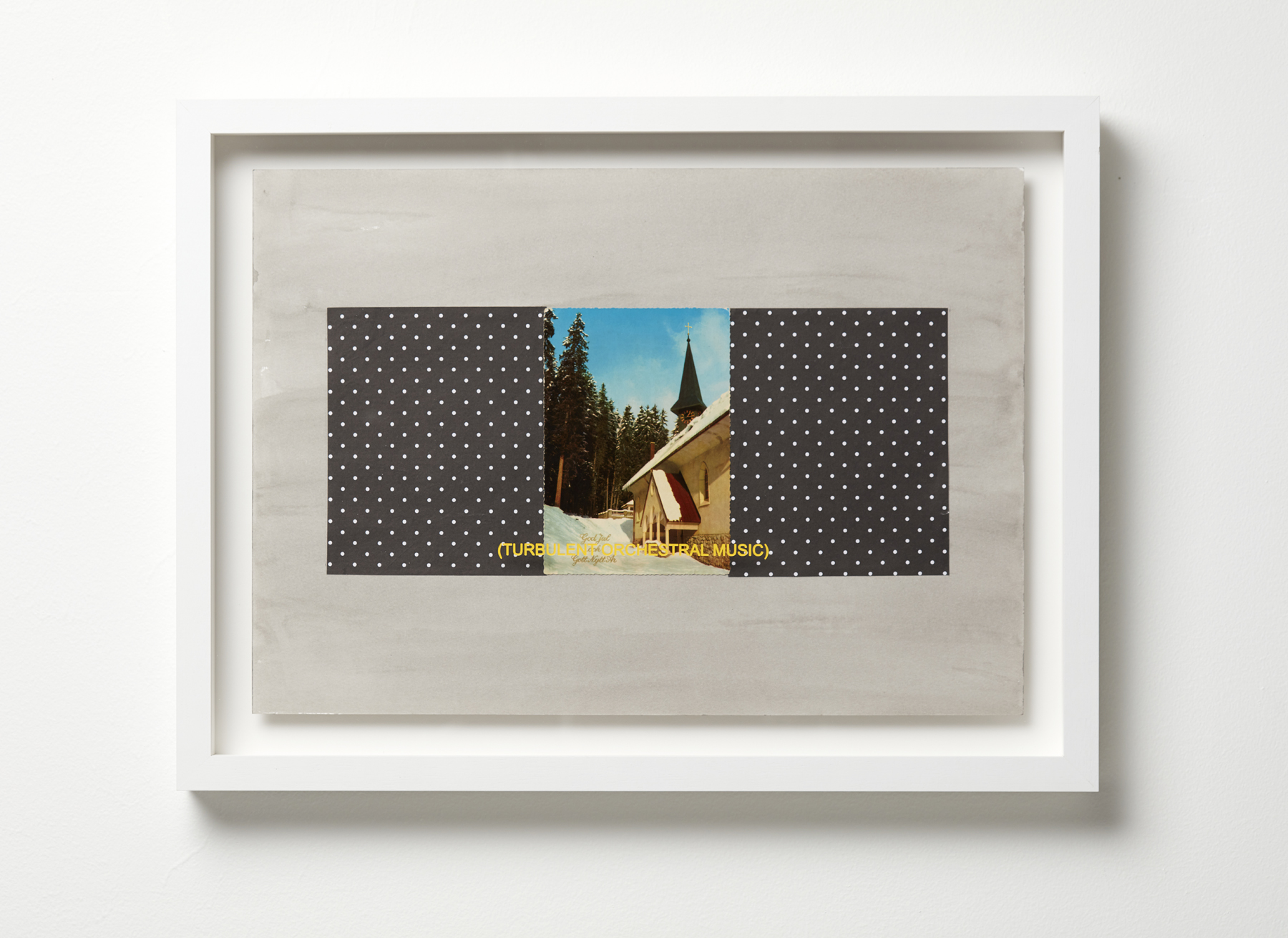 Jurek Wybraniec, Establishing Shot #12, 2017, laser etched, paint filled text on acrylic, postcard, cloth tape, ink on 300gsm water colour paper, 38 x 50cm