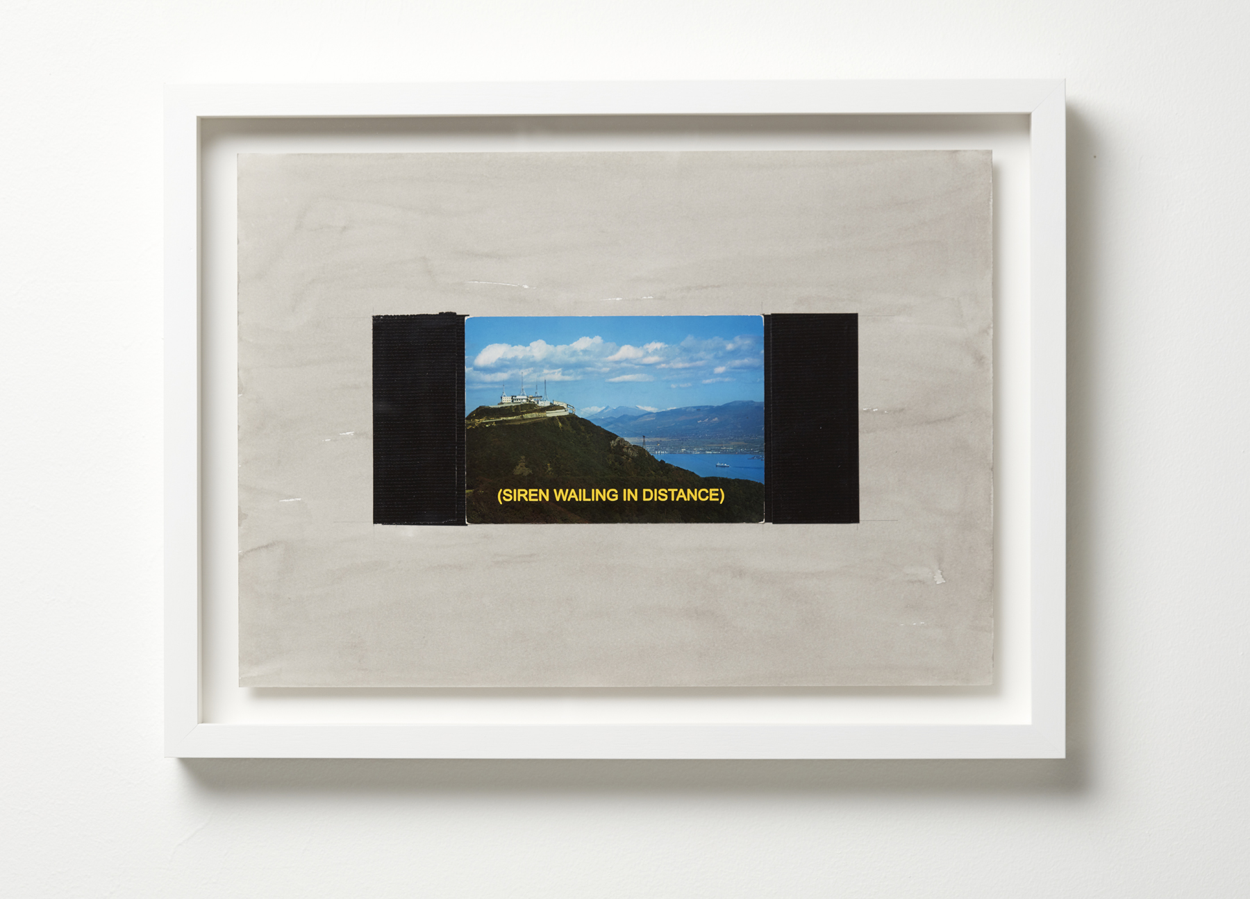 Jurek Wybraniec, Establishing Shot #11, 2017, laser etched, paint filled text on acrylic, postcard, cloth tape, ink on 300gsm water colour paper, 38 x 50cm