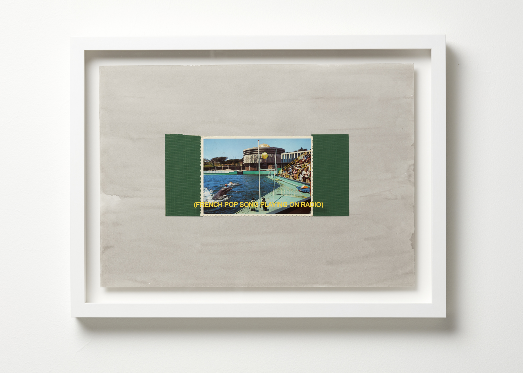 Jurek Wybraniec, Establishing Shot #9, 2017, laser etched, paint filled text on acrylic, postcard, cloth tape, ink on 300gsm water colour paper, 38 x 50cm