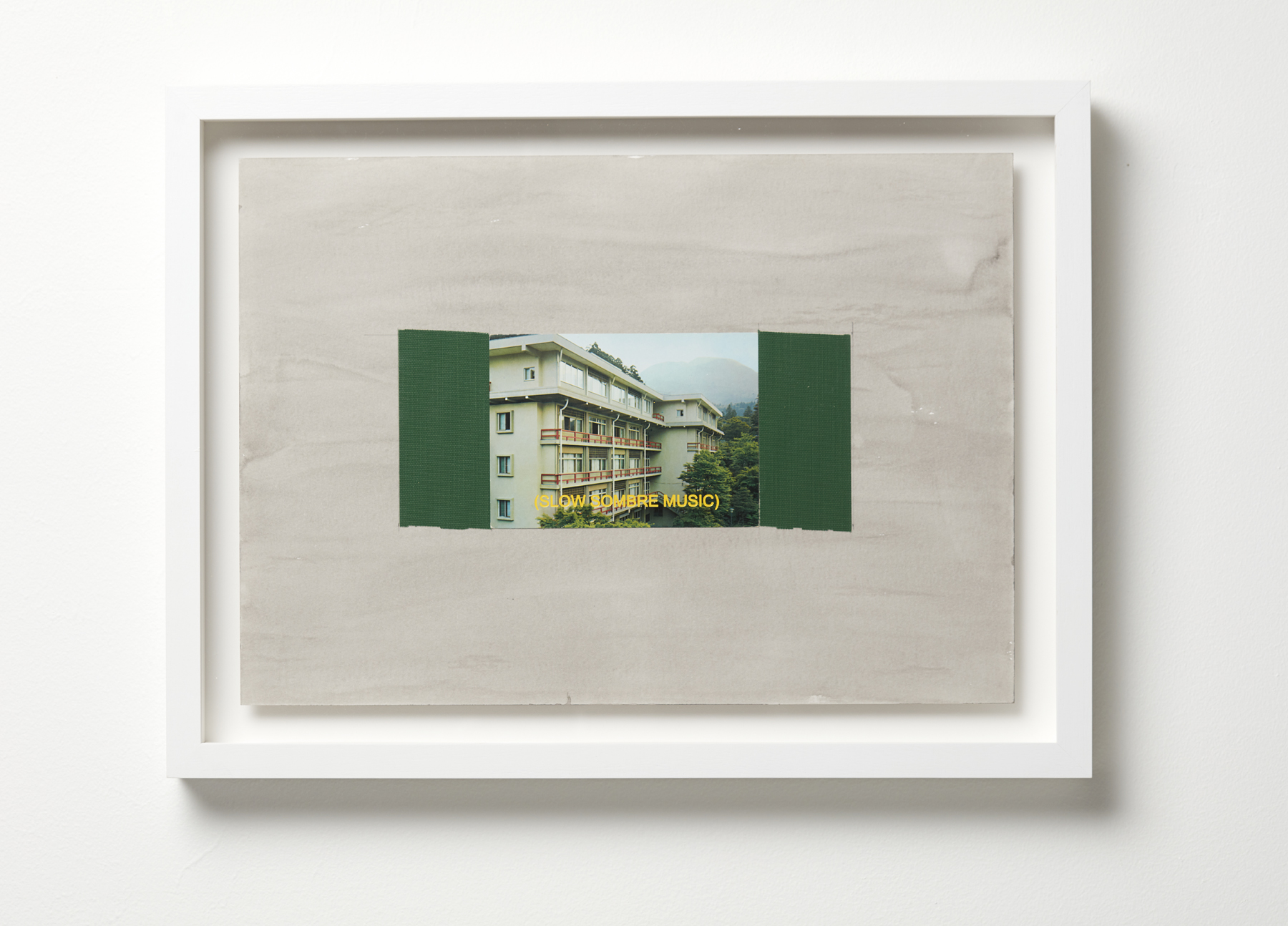 Jurek Wybraniec, Establishing Shot #7, 2017, laser etched, paint filled text on acrylic, postcard, cloth tape, ink on 300gsm water colour paper, 38 x 50cm