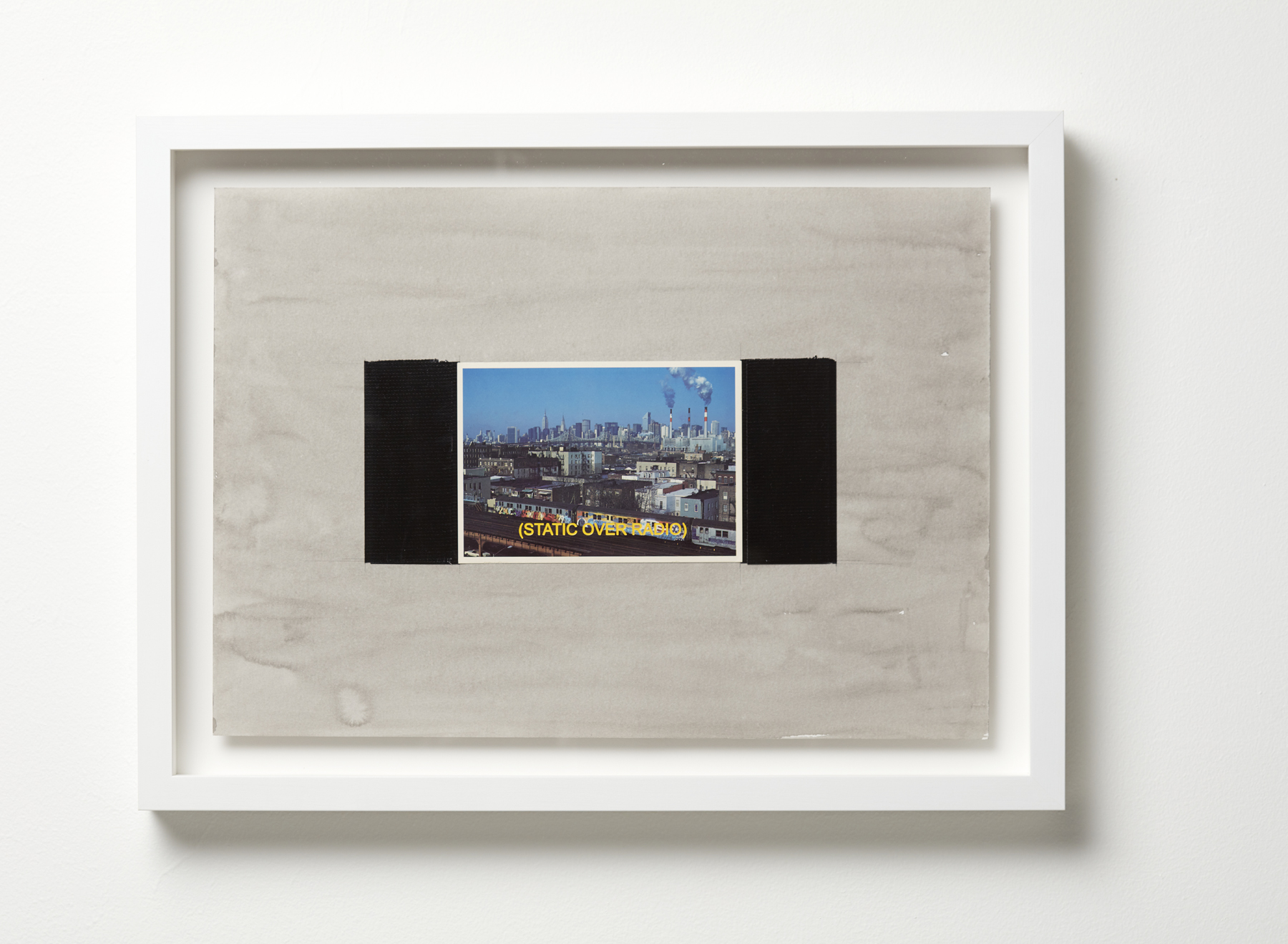 Jurek Wybraniec, Establishing Shot #4, 2017, laser etched, paint filled text on acrylic, postcard, cloth tape, ink on 300gsm water colour paper, 38 x 50cm