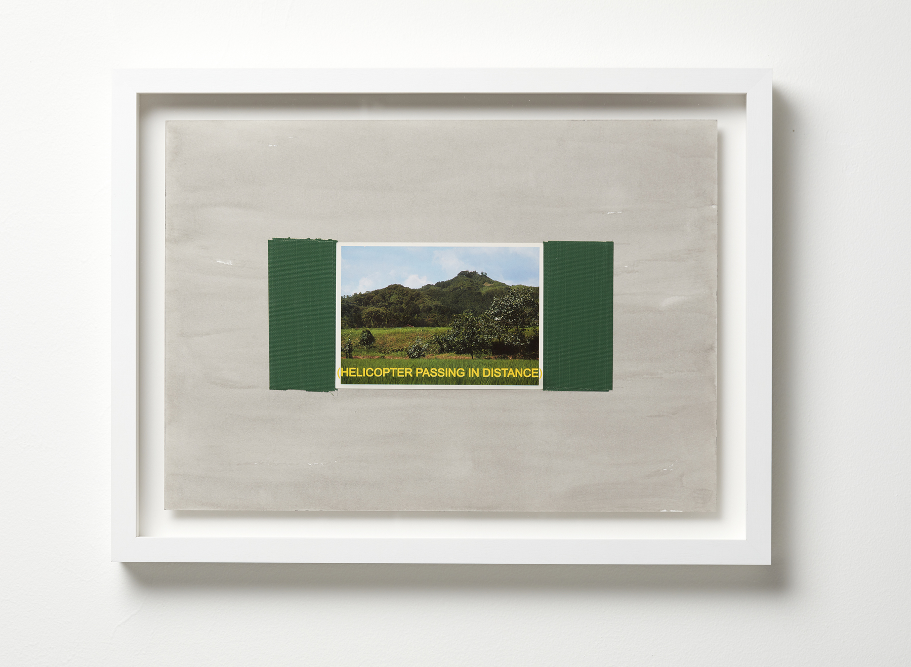 Jurek Wybraniec, Establishing Shot #1, 2017, laser etched, paint filled text on acrylic, postcard, cloth tape, ink on 300gsm water colour paper, 38 x 50cm