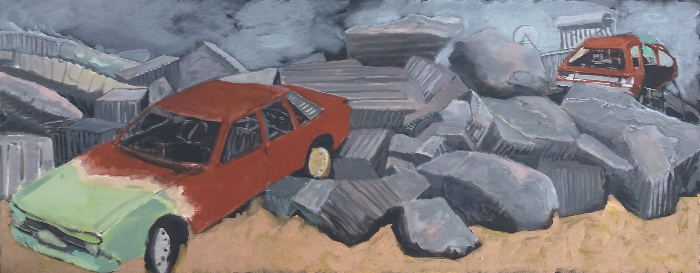 Tim Burns, Cars after the Fires (Pit 8), acrylic on canvas, 61 x 152.5cm