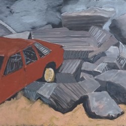 Tim Burns, Cars after the Fires (Pit 8), acrylic on canvas, 61 x 152.5cm