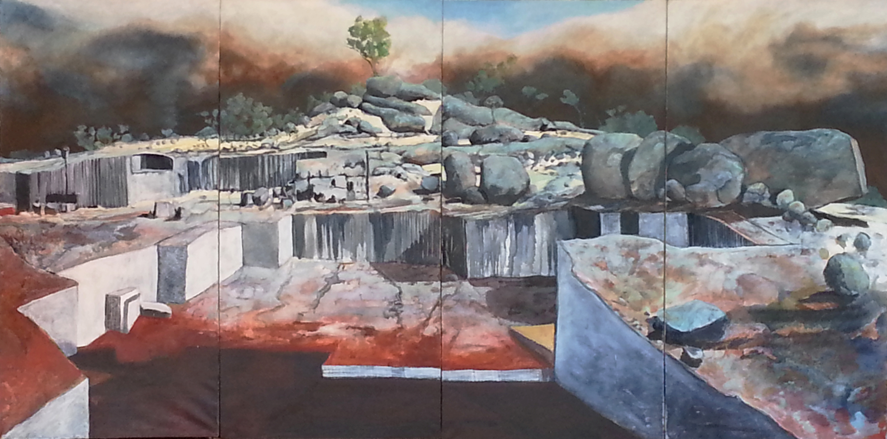 Tim Burns, Property is Theft (Pit 1) Before the Storm, oil on canvas, 4 panels, 183 x 367cm overall