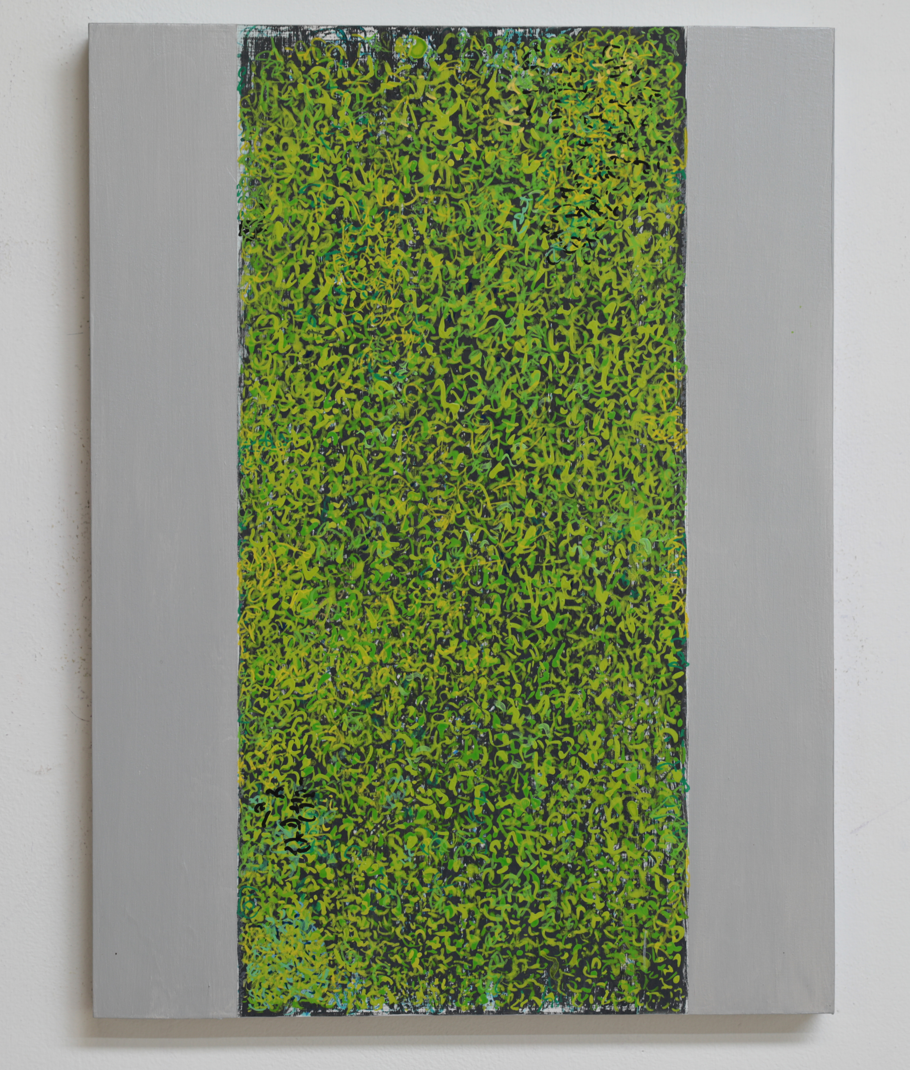 Michele Theunissen, glimpsed #8 (green and yellow), 2016, artists inks, acrylic, posca pens on canvas, 40 x 30cm