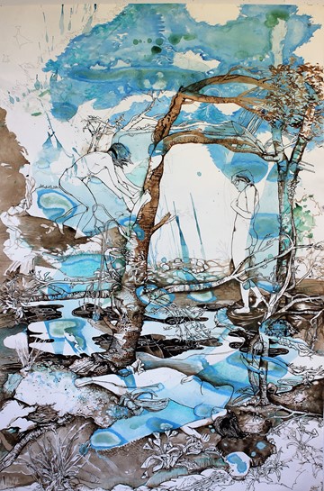 Antony Muia, Blue Tree, 2019, ink and watercolour on paper, 122 x 81cm