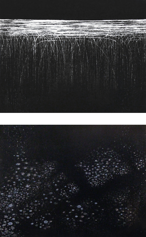 Mel Dare, Points of Reference, 2015, acrylic paint and ink on linen, 20.2 x 25.3cm each (2 panels)