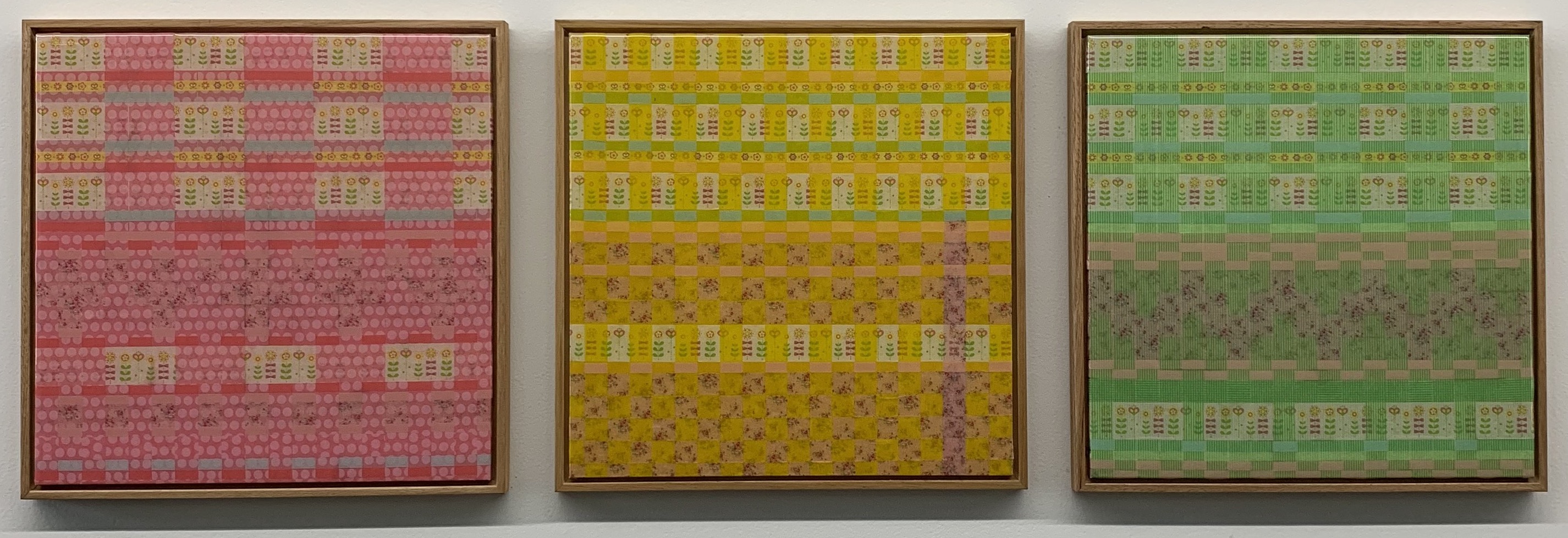 Minaxi May, Flower Patch - Morris, Ashley, Broadhurst, Marimekko, 2019, Washi tape, glue, epoxy resin on board, 29.7 x 29.7cm each